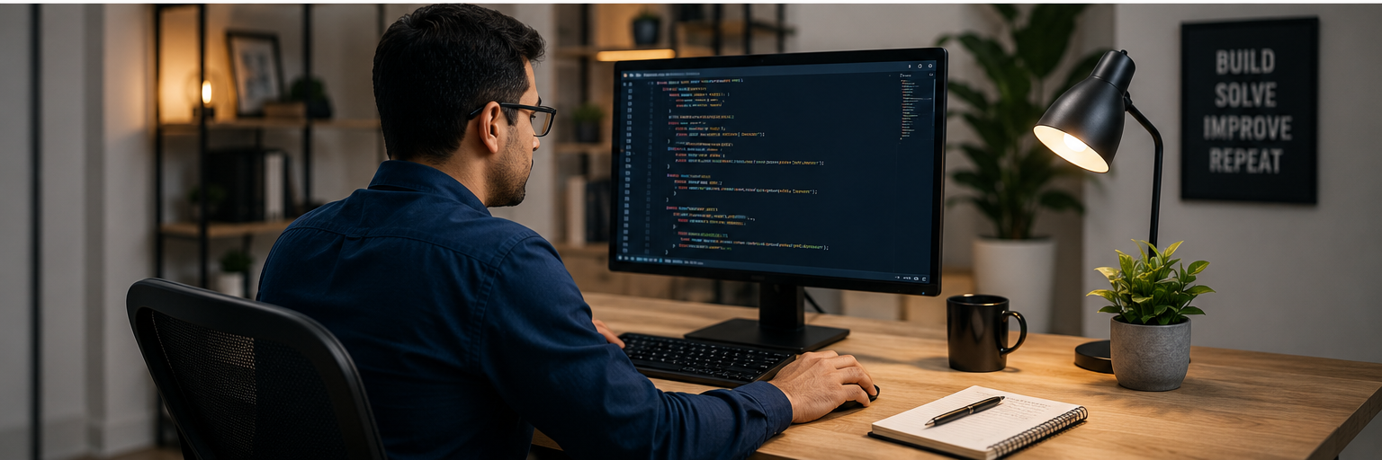 Developer working at a desk with source code displayed on a monitor