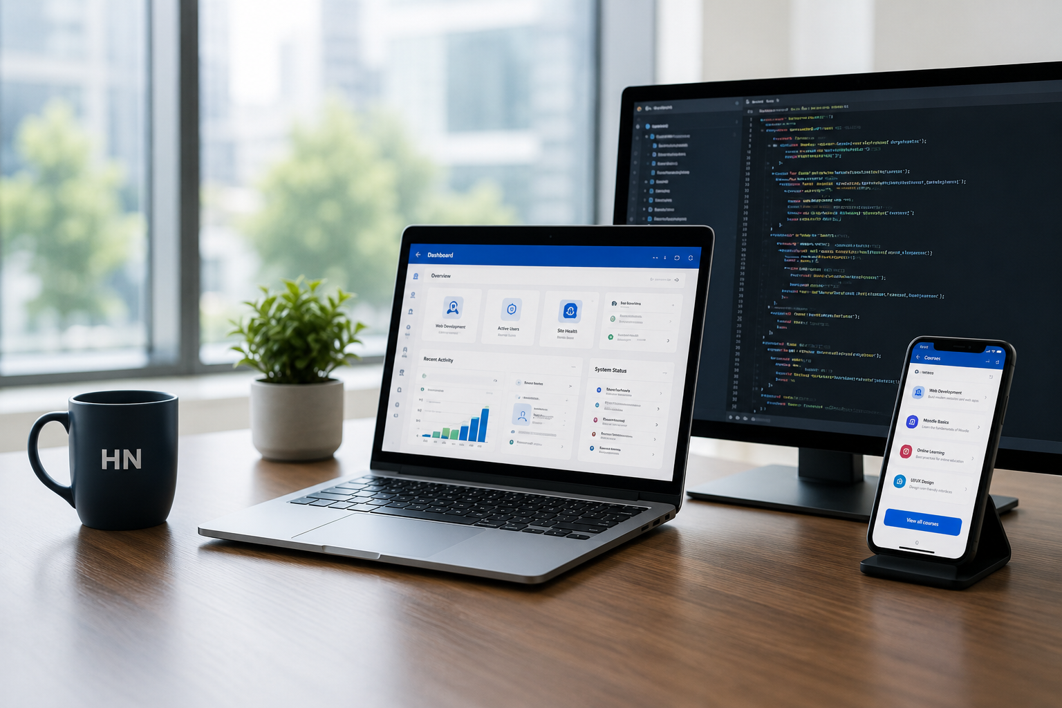 Technology workspace with laptop, desktop monitor, and mobile phone displaying software interfaces